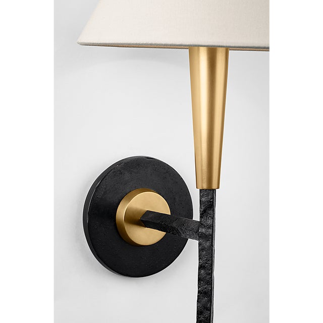 Thomas O'Brien for Visual Comfort Signature Cavalli 27" Tail Sconce in Aged Iron and Hand-Rubbed Antique Brass with Linen Shade For Sale - Image 9 of 11