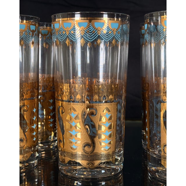 Culver Saratoga Highball Glasses in Turquoise and 22k Gold - Set of 6 For Sale In Providence - Image 6 of 8