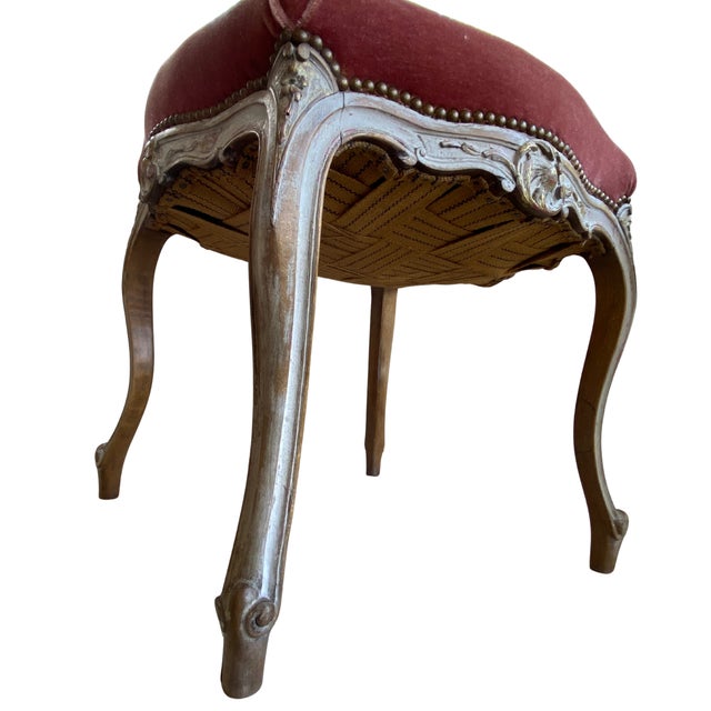 19th Century Pair of 19th Century French Provincial Mohair Footstools - Carved Serpentine Frames, Custom Finish and Dusty Rose Upholstery For Sale - Image 5 of 16