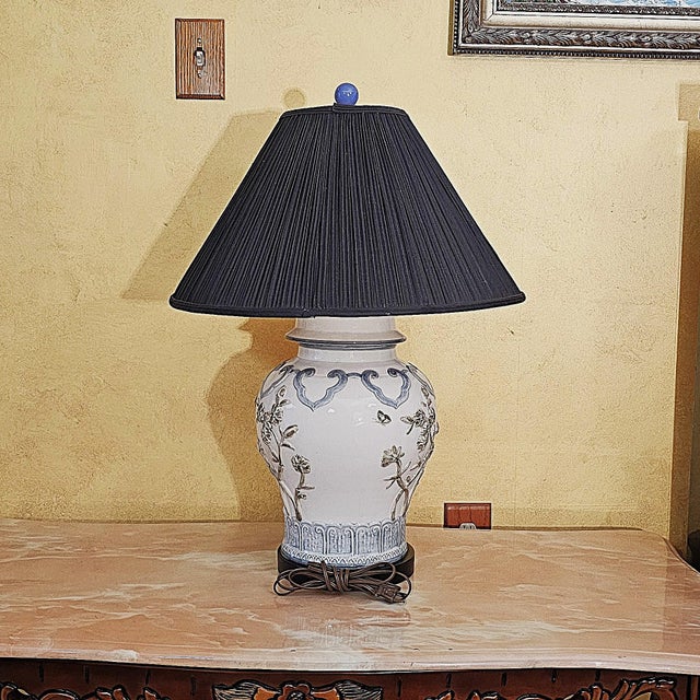 Late 20th Century Chinese Chinoiserie Porcelain Table Lamp With Relief Floral Motif & Black Shade, 30"h For Sale - Image 4 of 18