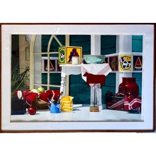 Michael Beck, Large Photo Realist Pop Art Watercolor Painting Children's Toys Teddy Bear Block, 1986 For Sale