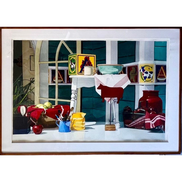 Michael Beck, Large Photo Realist Pop Art Watercolor Painting Children's Toys Teddy Bear Block, 1986 For Sale