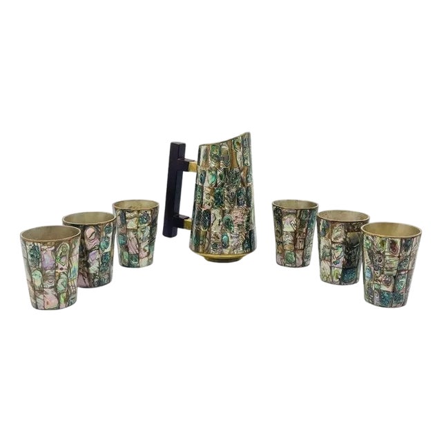 1960s Mid-Century Mexican Modern Abalone Mosaic Brass Barware Set, - Pitcher & 6 Glasses For Sale
