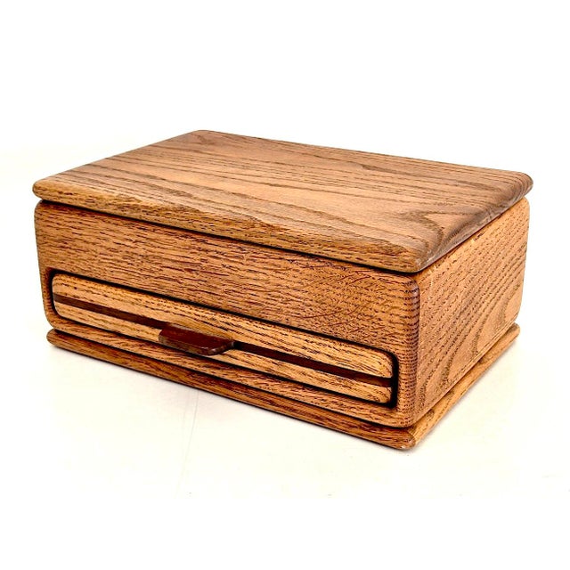1970s American Craftsman Oak Wood Jewelry Box With Drawer For Sale - Image 15 of 16