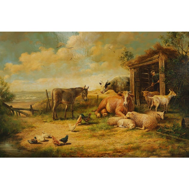 Belgian Artist, Farm Scene, 20th Century, Large Oil on Canvas, Framed For Sale - Image 9 of 12
