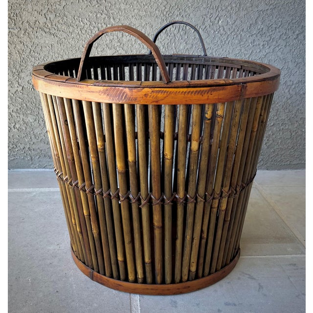 Mid-Century Modern Mid 20th-Century Split Bamboo Tortoiseshell Planter Floor Basket With Ear Handles For Sale - Image 3 of 18