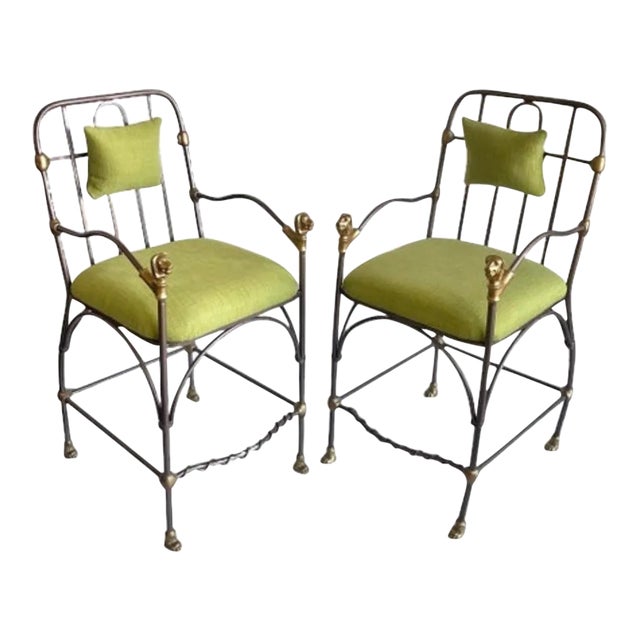 Mid 20th Century Mid Century Modern Hollywood Regency Neoclassical Lion Head Solid Bronze Counter Stools Attributed to Giacometti - a Pair For Sale