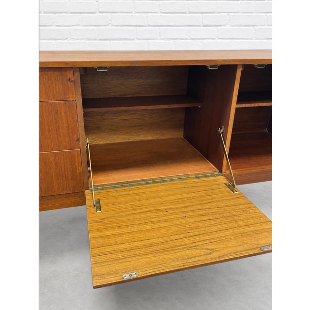 Mid Century Modern Teak Credenza by Stonehill | Long Sideboard With Funky Sculpted Pulls and Sled Legs, Made in England, C. 1960’s For Sale - Image 13 of 18