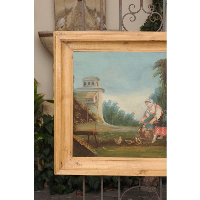 Textile French Late 18th Century Country Scene Oil on Canvas Painting Set in Pine Frame - Unsigned For Sale - Image 7 of 12