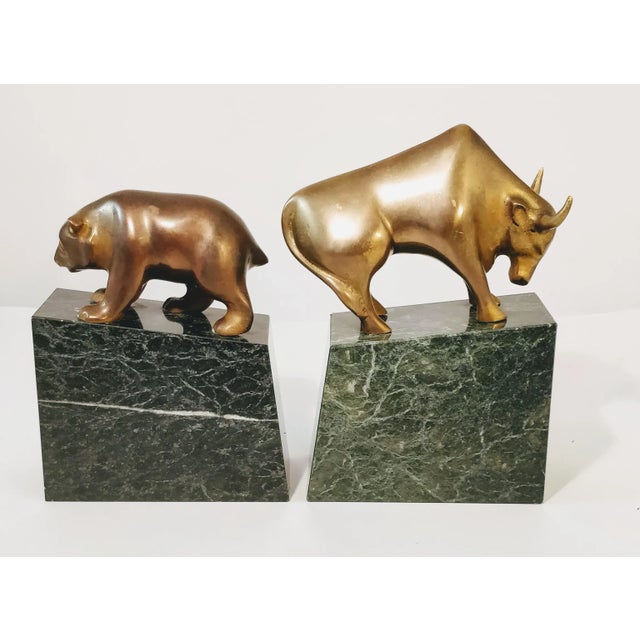 Mid Century Brass Marble Bulls and Bears Stock Market Bookends For Sale - Image 9 of 10