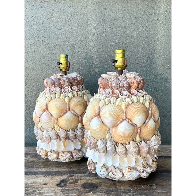 Hollywood Regency Vintage Shell Encrusted Lamps - A Pair For Sale - Image 3 of 12