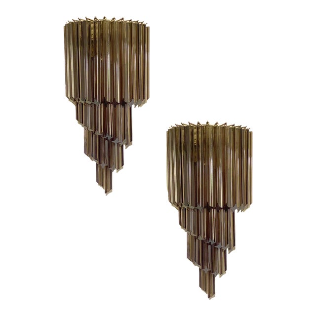 Set of Two Venetian Fumè "Quadriedro" Murano Glass Wall Sconces For Sale