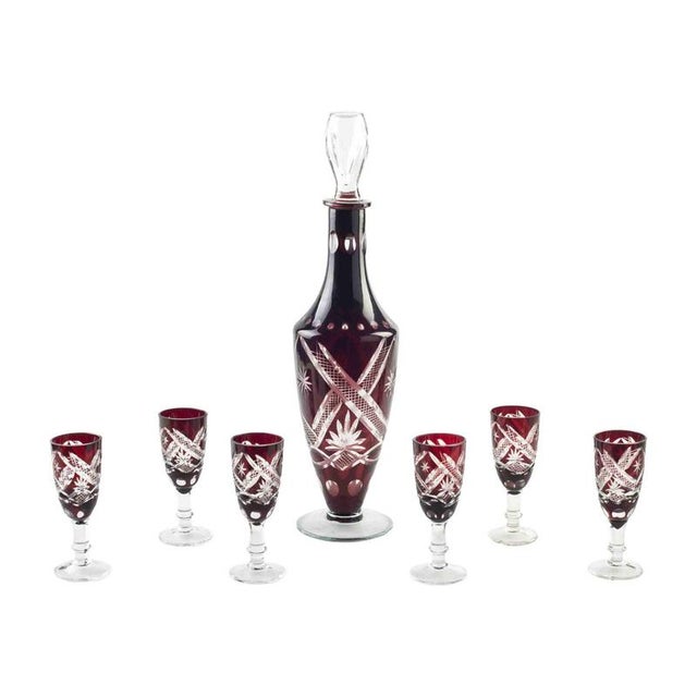 Vintage Bohemian Bottle with Glasses, Early 20th Century, Set of 7 For Sale - Image 5 of 5