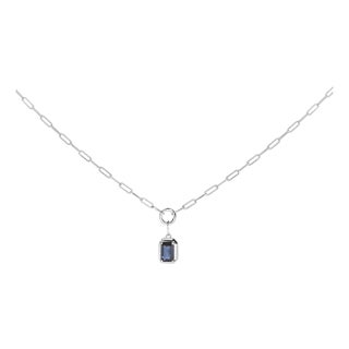 10K White Gold Emerald Cut 6x4 MM Blue Sapphire Solitaire Pendant Necklace - 18 inch For Sale