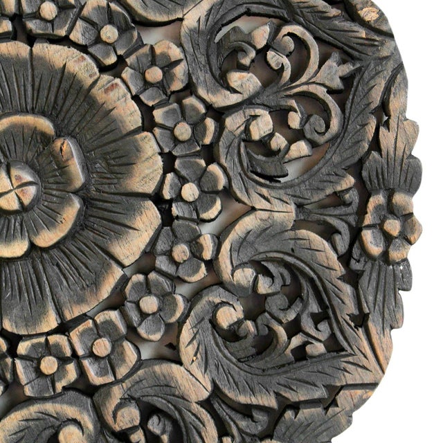 Hand carved teak round medallion wall art panel with traditional intricate floral designs antique burn finish from Myanmar...