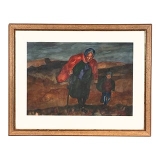 Hermine S. Signed Midcentury Folk Art Watercolor & Gouache, Woman and Child For Sale