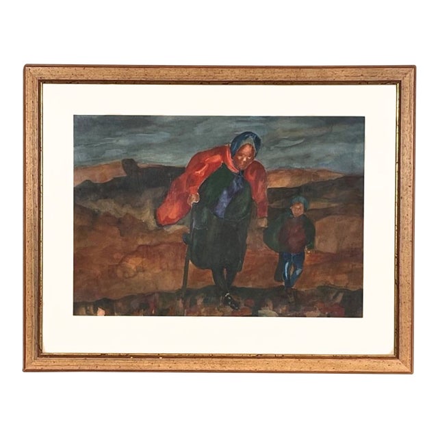 Hermine S. Signed Midcentury Folk Art Watercolor & Gouache, Woman and Child For Sale