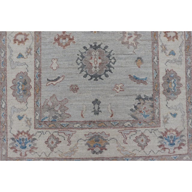 Floral Modern Oushak With Muted Gray Background and Cream Border For Sale In Atlanta - Image 6 of 13