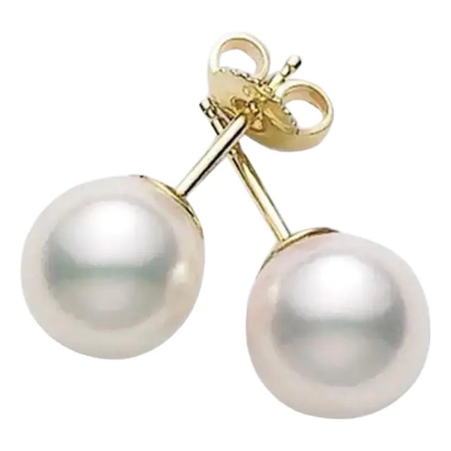 8 MM White Akoya Aaa Pearl Stud Earrings 14 K Yellow Gold For Sale