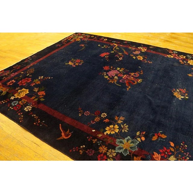 1920s Blue Navy Floral Vase Antique Chinese Art Deco Rug 8'9" X 11'6" Knotted Wool Carpet For Sale - Image 4 of 9
