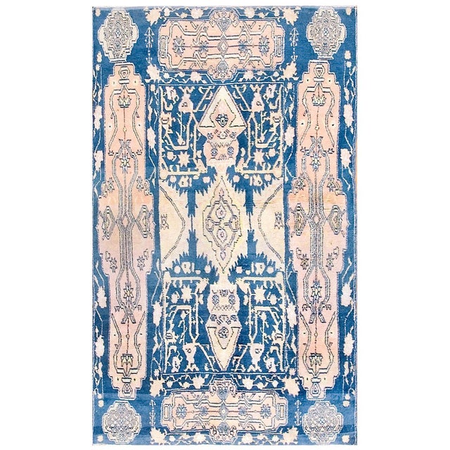1930s Teal Blue Geometric Antique Indian Cotton Agra Rug 4' X 6'6" Handknotted Carpet For Sale - Image 15 of 18