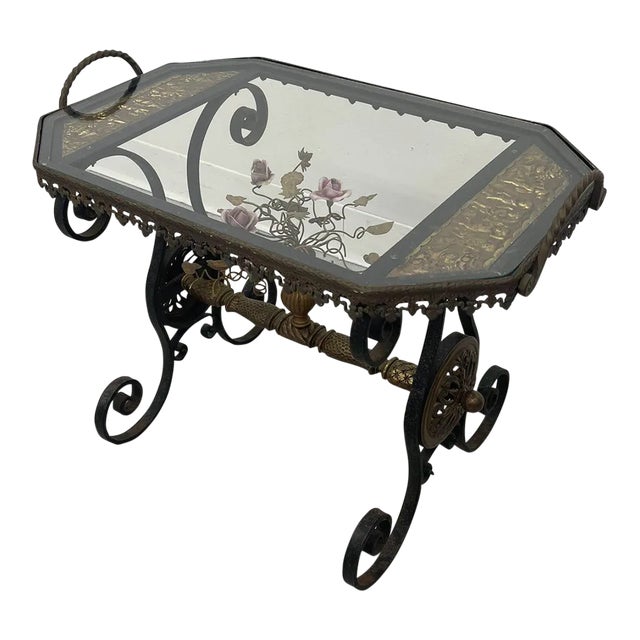 1970s Vintage Wrought Iron Side Table With Ornate Detailing and Glass Top. For Sale