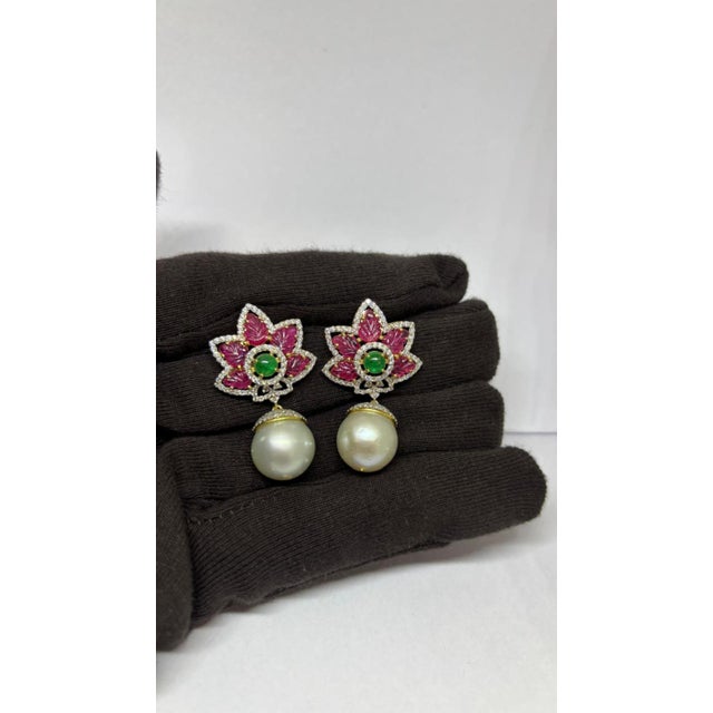Natural Ruby, Emerald, Pearl, & Diamond Earring in 14k Gold For Sale - Image 4 of 8