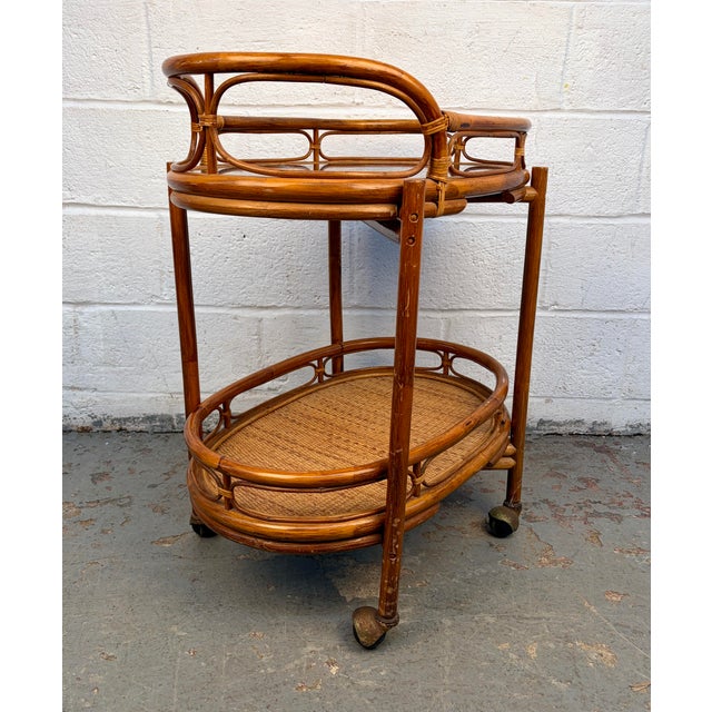 Mid-Century Modern Vintage Collapsible Rattan and Bamboo Bar Cart For Sale - Image 3 of 10