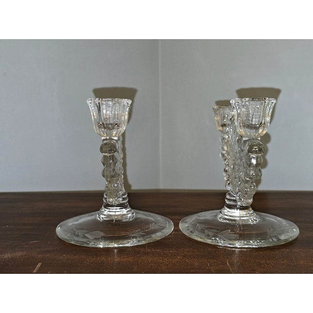 Mid-Century Modern Vintage Pressed‑Glass Candlesticks With Etched Leaf Bases — Pair For Sale - Image 3 of 12
