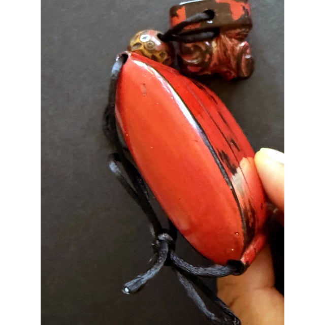 Wood Rare Japanese Inro Netsuke and Omije with Negoro Red Lacquer Edo Period For Sale - Image 7 of 14