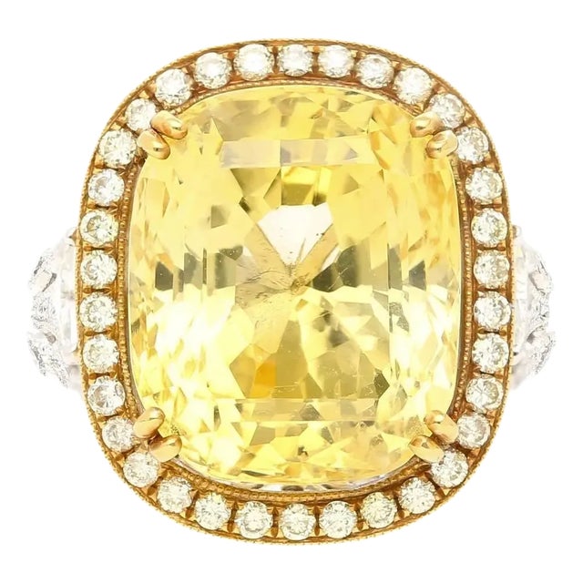 Mid 20th Century 17 Carat No Heat Cushion Yellow Sapphire & Diamond Halo Ring Size 6.5 For Sale