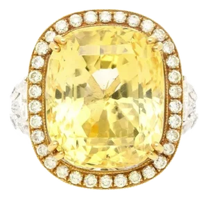 Mid 20th Century 17 Carat No Heat Cushion Yellow Sapphire & Diamond Halo Ring Size 6.5