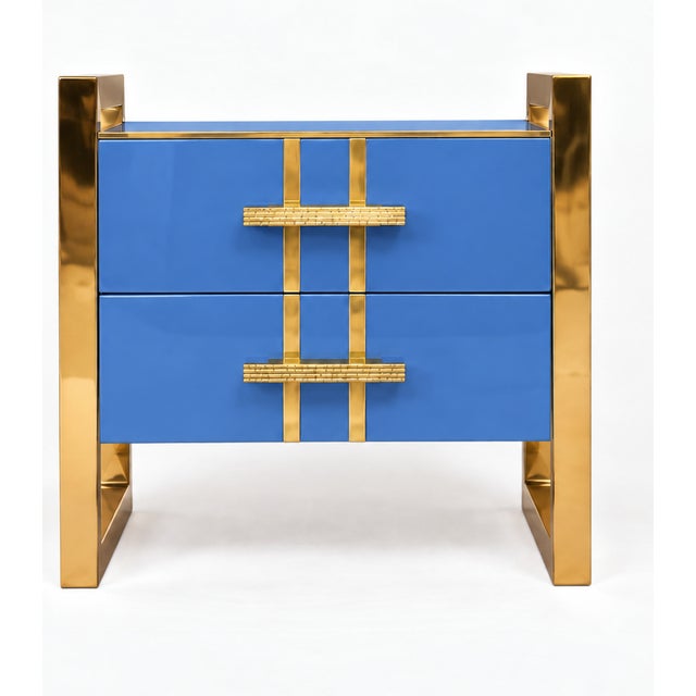 Wood Cornflower Blue Glass Nightstands with Brass Frames and Drawers from Justfurnituress SRL, Set of 2 For Sale - Image 7 of 10