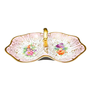 Antique German Hand-Painted Floral Porcelain Divided Condiment Serving Dish Tray