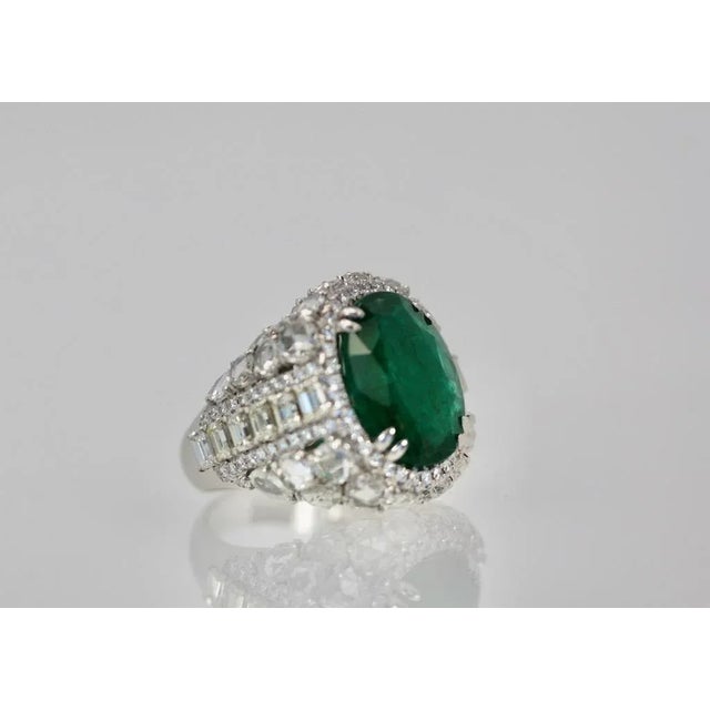 Oval Emerald 12.25 Carat Diamond Surround Ring Size 8 For Sale - Image 4 of 9