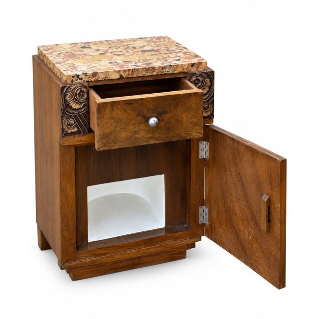 Art Deco Walnut Dressing Table Set with Marble Top and Bedside Table, 1930s, Set of 2 For Sale - Image 10 of 15