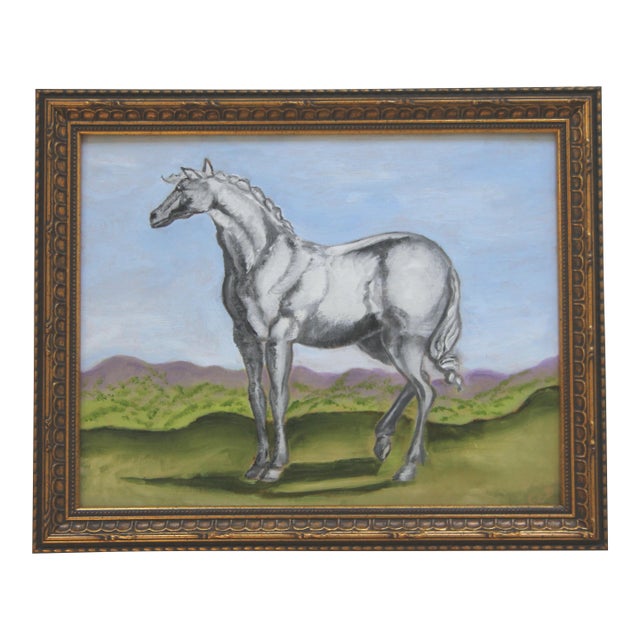 White Horse With Landscape English Traditional Realism Sport Gray, Green, Blue Original Oil Painging by Cleo Plowden For Sale