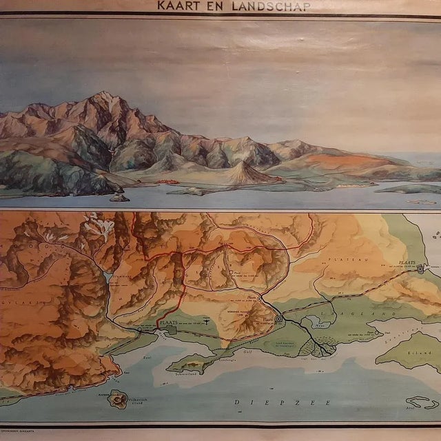 Vintage wall chart titled 'Kaart en Landschap'. This wall chart shows a mountain range and geographic map. Published by...