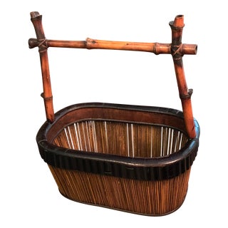 1950s Japanese Pencil Reed Ikebana Basket With Bamboo Handle For Sale