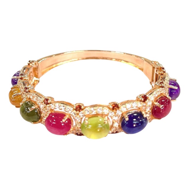 Bochic “Capri” Red Ruby & Multi Color Sapphires Bangle Set In 18K Gold & Silver For Sale