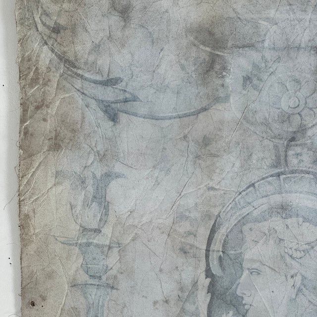 Baby Blue Large & Unusual Salvaged French Canvas Panel of Hand Painted Cameo & Design in Faint Blue For Sale - Image 8 of 9