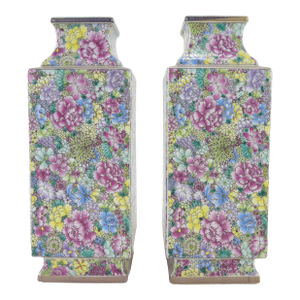 Pair of Antique Chinese Famille Rose Millefleur Square Porcelain Vases