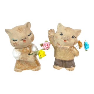 Vintage Uctci Japan Cat Flower Holders - A Pair For Sale