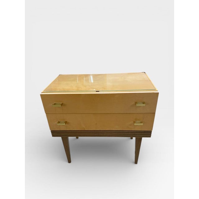 Mid-Century Bedside Table with Drawers in Maple Veneer with Brass Handles and Glass Top, Germany, 1950s-1960s For Sale - Image 8 of 9