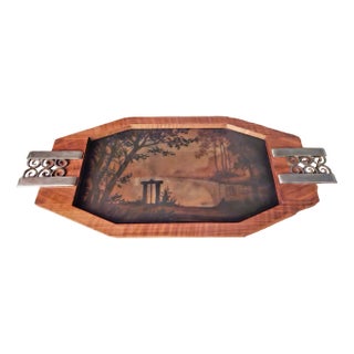 Large Art Deco Tray in Walnut & Wrought Iron, 1930s For Sale