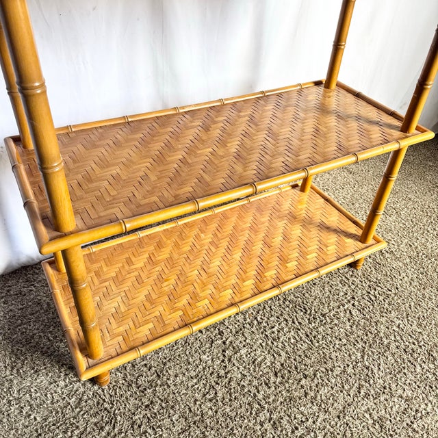 Boho Chic Mid 20th Century Boho Chic Faux Bamboo Herringbone Bookshelf/Etagere For Sale - Image 3 of 9