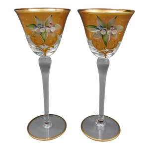 Vintage Murano Venezia Italian Hand Painted Floral Gold Gilt Scroll Wine Glasses- Set of 2