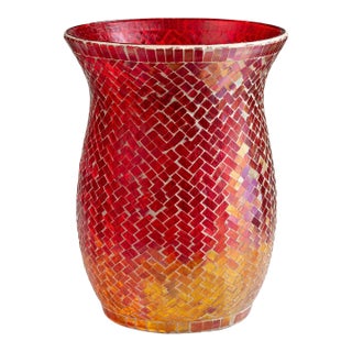 Large Red to Amber Mosaic Glass Hurricane Candle Holder – Oversized Decorative Votive For Sale