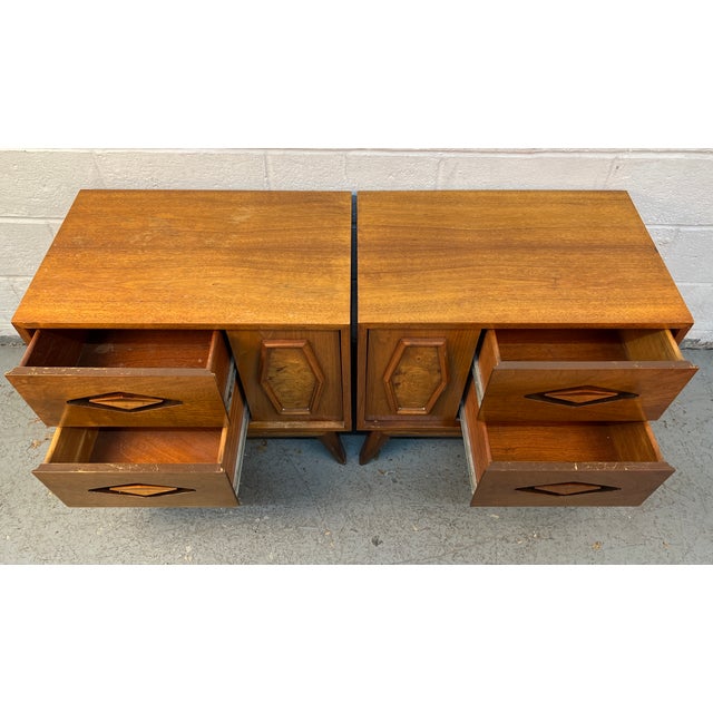 Unique Mid-Century Walnut & Burl Diamond Front Night Stands For Sale - Image 12 of 15