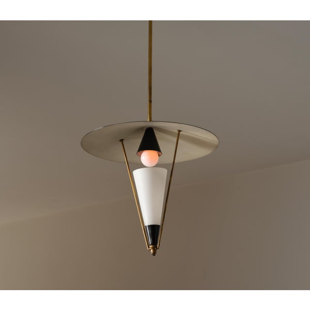 Metal Vintage Italian Pendant Light with Black Saucer Shade and Opaline Glass, 1950s For Sale - Image 7 of 10